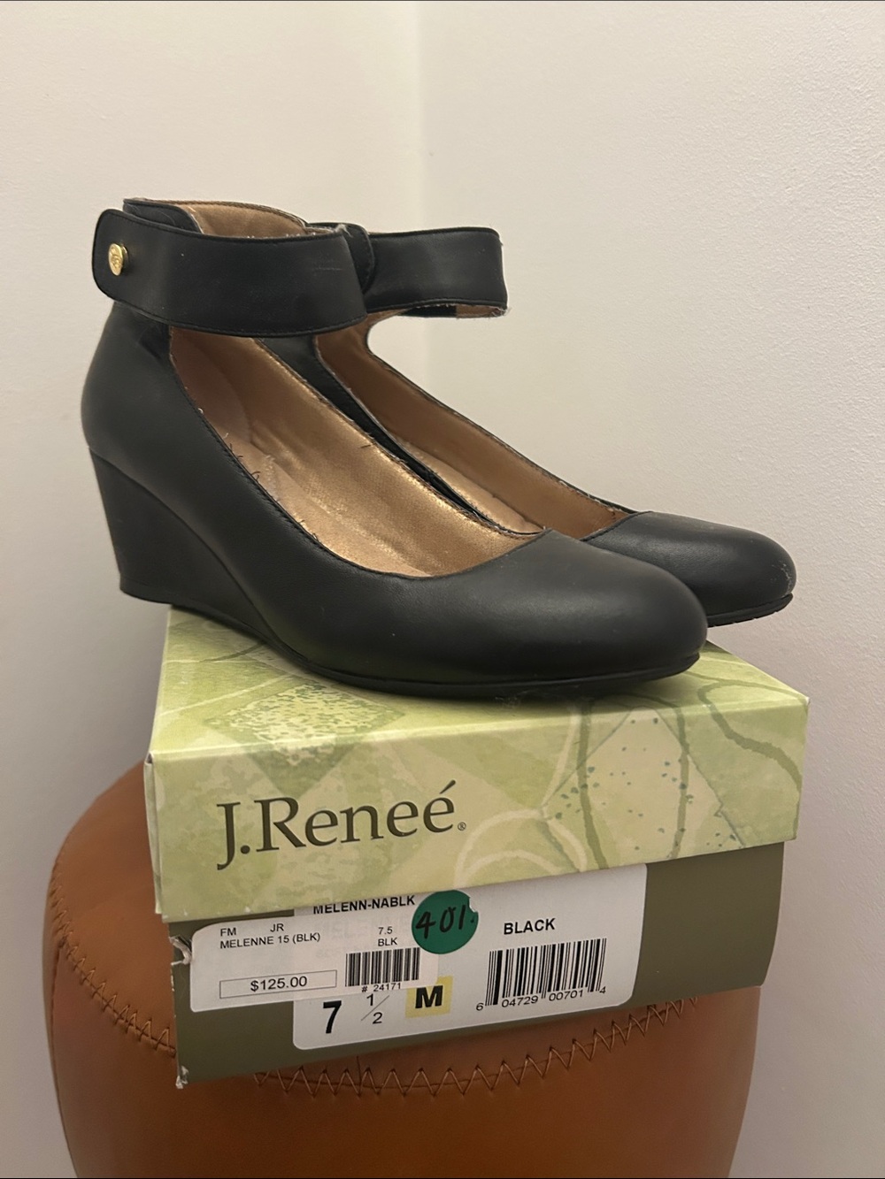 J.Renee Black Ankle-Strap Wedge Pumps with Gold Accent